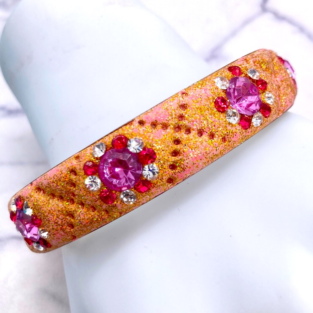 Rhinestone Glitter Bangle Bracelet Polymer Clay Over Metal Band